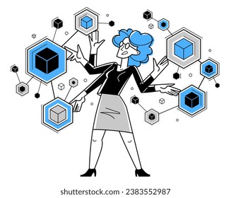 Inspired inventive designer or engineer composing abstract elements, creative worker doing some job and creating some system, vector outline illustration.