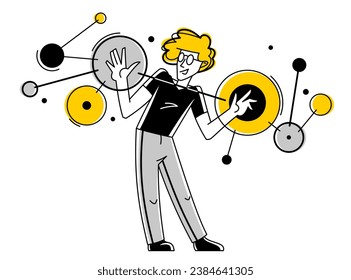 Inspired inventive designer or engineer composing abstract elements, creative worker doing some job and creating some system, vector outline illustration.