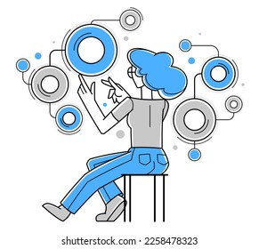 Inspired inventive woman designer or engineer composing abstract elements, creative worker doing some job and creating some system, vector outline illustration.
