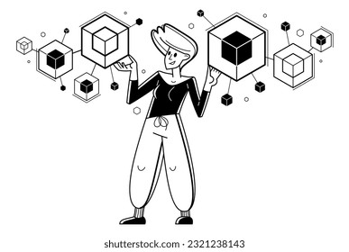 Inspired inventive woman designer or engineer composing abstract elements, creative worker doing some job and creating some system, vector outline illustration.