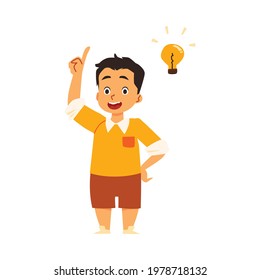 Inspired little child has brilliant solution and good idea, flat vector illustration isolated on white background. Clever boy with switched on bulb above his head.