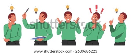 Inspired man cartoon character with exclamation marks above brainstorming looking for idea planning business strategy engaged in creativity process isolated set. Young thinking guy vector illustration