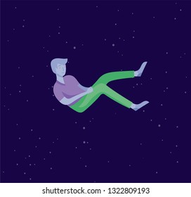 Inspired man flying in space. Character moving and floating in dreams, imagination and inspiration. Flat design style, vector illustration.