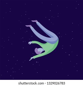 Inspired man flying in space. Character moving and floating in dreams, imagination and inspiration. Flat design style, vector illustration.