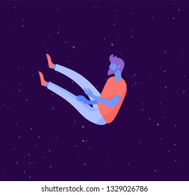 Inspired man flying in space. Character moving and floating in dreams, imagination and inspiration. Flat design style, vector illustration.