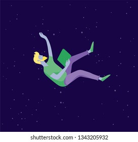 Inspired man flying in space. Character moving and floating in dreams, imagination and inspiration. Flat design style, vector illustration.