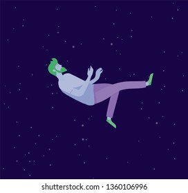 Inspired man flying in space. Character moving and floating in dreams, imagination and inspiration. Flat design style, vector illustration.
