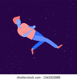 Inspired man flying in space. Character moving and floating in dreams, imagination and inspiration. Flat design style, vector illustration.