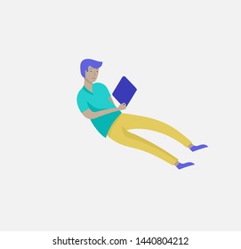 Inspired man flying in space. Character moving and floating in dreams, imagination and inspiration. Flat design style, vector illustration.