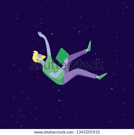Inspired man flying in space. Character moving and floating in dreams, imagination and inspiration. Flat design style, vector illustration.
