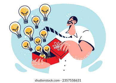 Inspired man with light bulbs flying out of box, symbolizing abundance of ideas after brainstorming. Business guy demonstrating many ideas for starting own startup or making money.