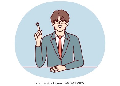 Inspired man manager pointing finger up while coming up with idea to increase company profits. Guy in business suit raises hand and wants to speak during meeting with colleagues. Flat vector design