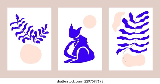 vector de figuras abstractas Matisse inspiradas. gato azul, rama de planta. Cartel de collage de Matisse floral ambientado en un estilo contemporáneo y minimalista. Silueta de gato azul, formas botánicas.