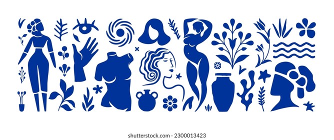 Inspired Matisse female figures contemporary style in a trendy minimal style with design elements. Vector art collage of womens bodies and creative shapes made of cut paper for logos and posters