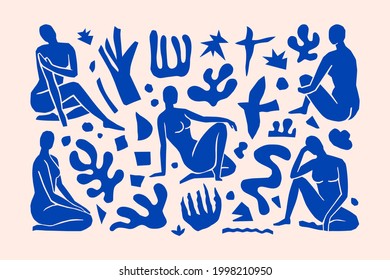 Inspired Matisse Female figures In different poses and Geometric Shapes in a trendy minimal style. Vector Art Collage of women's bodies made of cut paper for creating Logos, Patterns, Posters, Covers