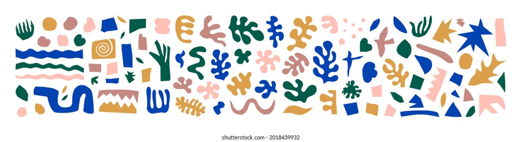 Inspired Matisse Geometric and Organic Shapes in Paper Cut Style. Vector Abstract Contemporary Floral Elements for creating Logos, Patterns, Posters, Covers and Postcards