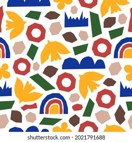 Inspired Matisse seamless pattern with bright colorful  cutting organic shapes, birds and plants on white background. Modern creative minimal design. Vector illustration