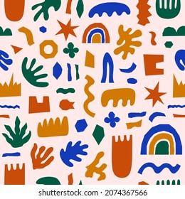 Inspiración Matisse patrón sin fisuras con formas orgánicas de corte brillante y plantas sobre fondo rosa. Diseño moderno y creativo mínimo. Ilustración del vector	