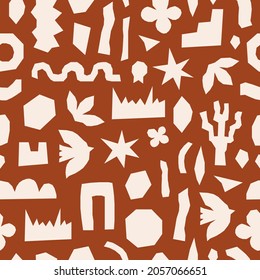 Inspired Matisse seamless pattern with white cutting organic shapes, birds and plants on terracotta background. Modern creative minimal design. Vector illustration	