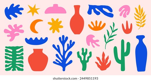 Inspired Matisse set with colorful cutting organic shapes and objects. Modern creative minimal design. Vector illustration