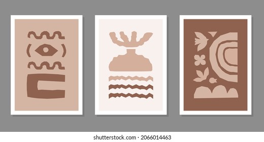 Inspired Matisse set posters with brown cutting organic shapes and objects. Modern creative minimal design. Vector illustration	