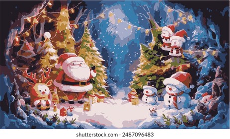 inspired paintings of cute Santa Claus, cute reindeer, and cute snowmen add a nostalgic charm to the illustration.