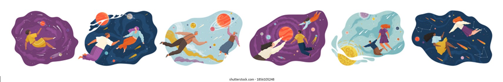 Inspired People Flying In Space. Collection Of Man And Woman Floating During Exploration. New User Experience, Horizons And Discoveries, Worlds. Moving And Floating In Dreams, Imagination Inspiration