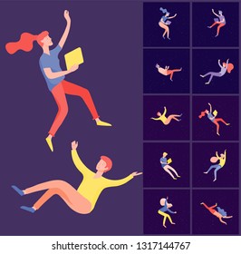 Inspired People flying in space and interacting with gadgets and papers. Characters set moving and floating in dreams, imagination and inspiration. Flat design style, vector illustration.