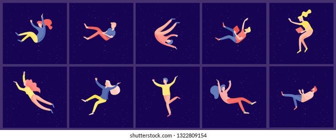 Inspired People flying in space and interacting with gadgets and papers. Characters set moving and floating in dreams, imagination and inspiration. Flat design style, vector illustration.