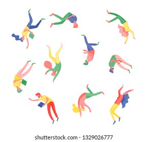 Inspired People flying in space and interacting with gadgets and papers. Characters set moving and floating in dreams, imagination and inspiration. Flat design style, vector illustration.