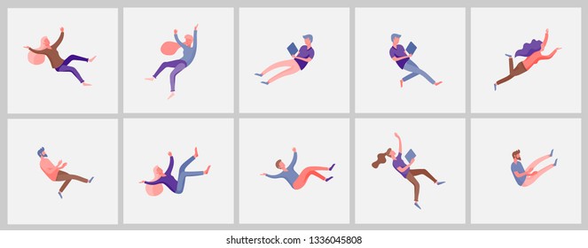 Inspired People flying in space and interacting with gadgets and papers. Characters set moving and floating in dreams, imagination and inspiration. Flat design style, vector illustration.