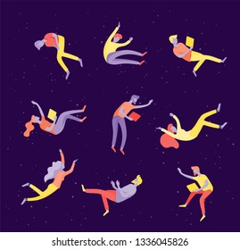 Inspired People flying in space and interacting with gadgets and papers. Characters set moving and floating in dreams, imagination and inspiration. Flat design style, vector illustration.