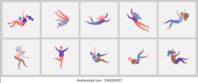 Inspired People flying in space and interacting with gadgets and papers. Characters set moving and floating in dreams, imagination and inspiration. Flat design style, vector illustration.