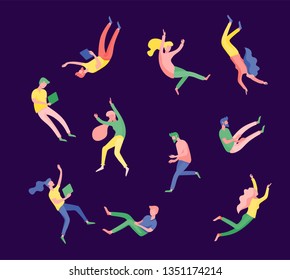 Inspired People flying in space and interacting with gadgets and papers. Characters set moving and floating in dreams, imagination and inspiration. Flat design style, vector illustration.