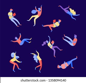 Inspired People flying in space and interacting with gadgets and papers. Characters set moving and floating in dreams, imagination and inspiration. Flat design style, vector illustration.