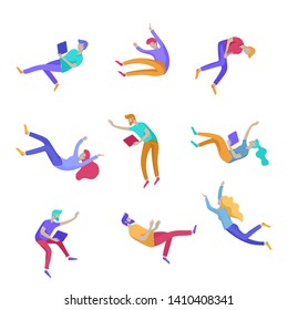 Inspired People flying in space and interacting with gadgets and papers. Characters set moving and floating in dreams, imagination and inspiration. Flat design style, vector illustration.