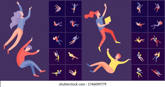 Inspired People Flying In Space And Interacting With Gadgets And Papers. Characters Set Moving And Floating In Dreams, Imagination And Inspiration. Flat Design Style, Vector Illustration.