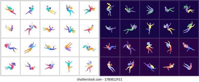 La gente inspirada volando en el espacio e interactuando con aparatos y papeles. Los personajes se mueven y flotan en sueños, imaginación e inspiración. Estilo de diseño plano, ilustración vectorial.