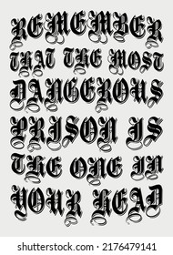 Inspired poster with motivational phrase "Remember that the most dangerous prison is the one in your head.". Vector illustration as a design for posters, cards, stickers and clothes.