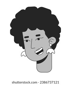 Inspired retro afro hair woman black and white 2D line cartoon character head. African american lady ethnic earrings isolated vector outline person face. Joyful monochromatic flat spot illustration