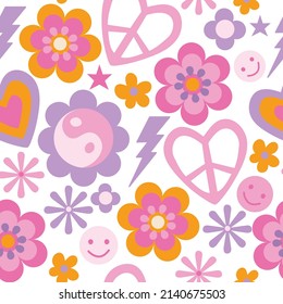 Inspired retro colorful seamless pattern background.  Pattern with hearts, flowers, stars in bright pink tones. 