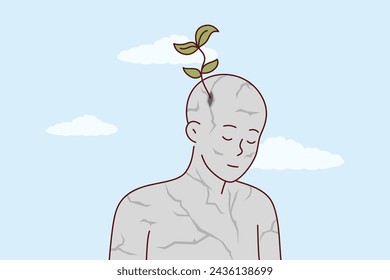 Inspired stone man with green petals growing from head as metaphor for new ideas and creative thinking. Inspired statue of man pondering environmental issues and ways to preserve environment