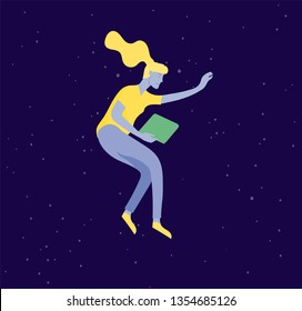 Inspired woman flying in space. Character moving and floating in dreams, imagination and inspiration. Flat design style, vector illustration.