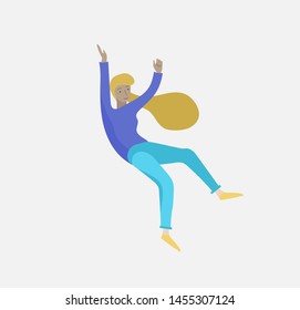 Inspired woman flying in space. Character moving and floating in dreams, imagination and inspiration. Flat design style, vector illustration.