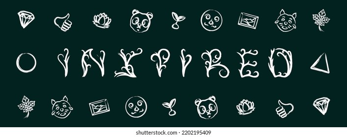 Inspired wordmark stamp vs specific special icon set isolated in green background. Vector set for digital content or print applying. New type mix design ever.