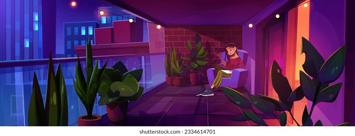 Inspired young woman writing diary on balcony at night. Vector cartoon illustration of female character drawing in notebook, sitting in armchair on cozy terrace with cityscape view, garland lights