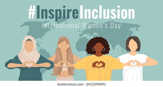 InspireInclusion 2024 campaign. Diverse race group of women hand gesture as heart shape to stop gender discrimination. The International Women's Day faseless vector banner, poster, flyer. 