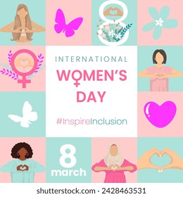 InspireInclusion 2024 campaign. International Women's Day vector geometric pattern for greeting card, poster, flyer, wrapping with women hand gesture as heart shape, flowers, butterflies and text.