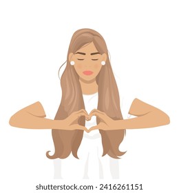 Campaña InspireInclusion 2024. Mujer con manos en forma de corazón. Concepto del Día Internacional de la Mujer. Vector de dibujos animados avatar hembra.