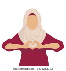 #InspireInclusion 2024 campaign. Woman with heart-shaped hands. International Women's Day concept. Faceless female avatar. Arabic woman vector illustration. EPS 10.